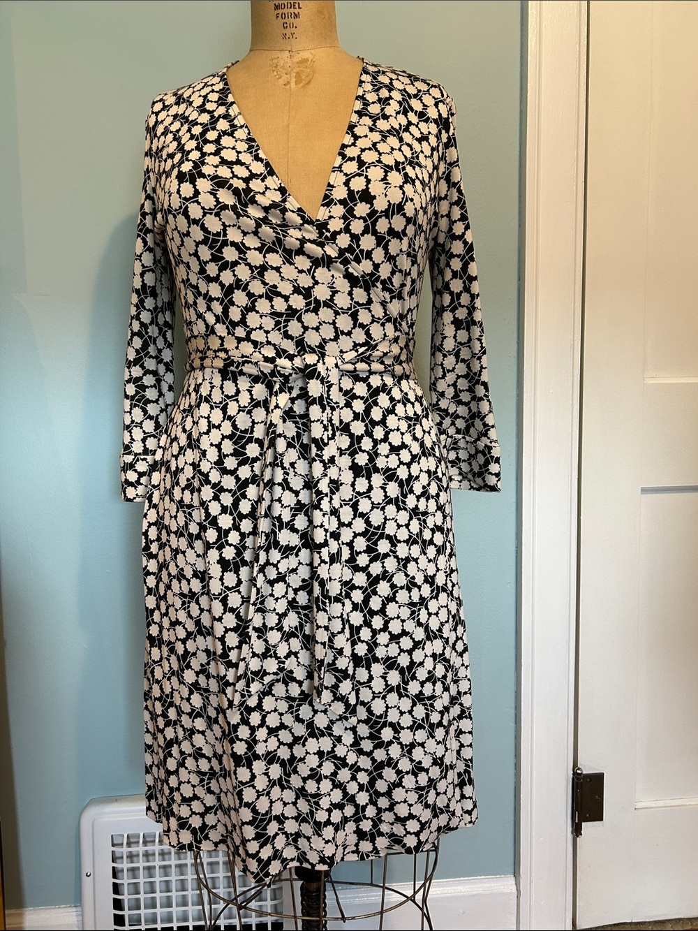 Diane Von Furstenberg Black and White Floral Wrap Midi Dress